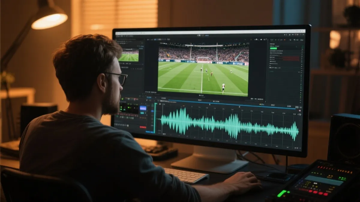 创作者在电脑前剪辑比赛高光片段，屏幕显示时间线与波形，象征黄金开球带来的内容爆发