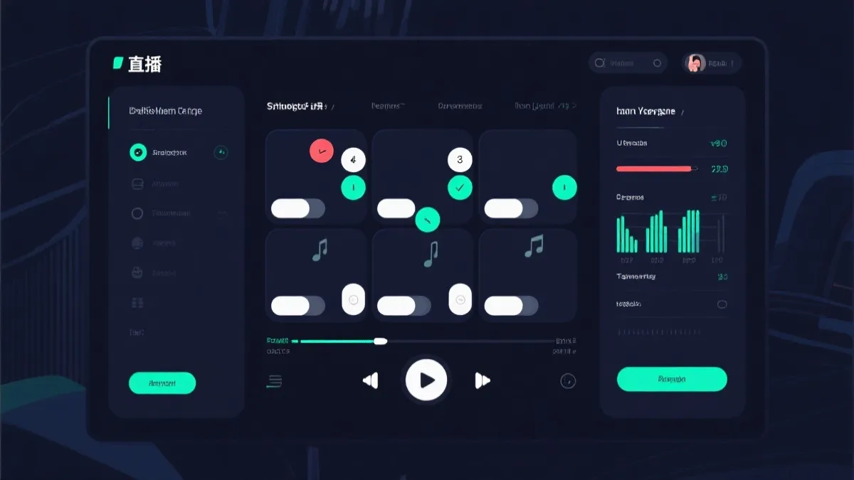 直播播放器界面示意，多机位按钮与音轨选择菜单的视觉占位图